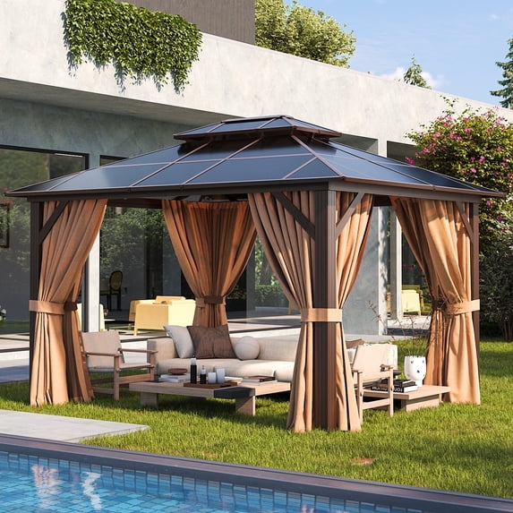 Aoxun 10'x12' Hardtop Gazebo, Outdoor Polycarbonate Double Roof Canopy, Aluminum Frame Permanent Pavilion with Curtains and Netting, Sunshade for Garden, Patio, Lawns