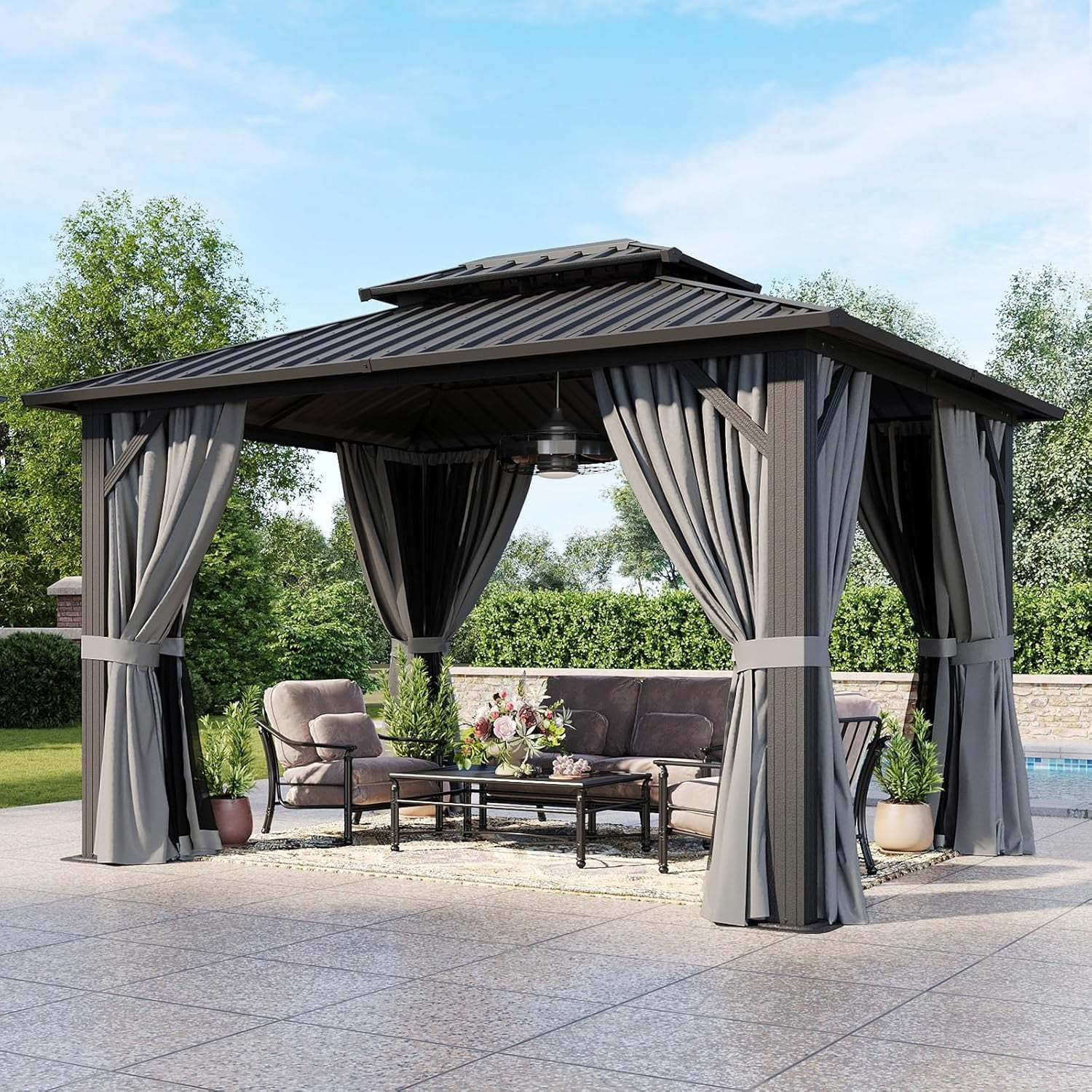 Aoxun 10'x12' Hardtop Gazebo, Outdoor Steel Canopy, Aluminum Frame Pavilion, UV-Resistant, Black