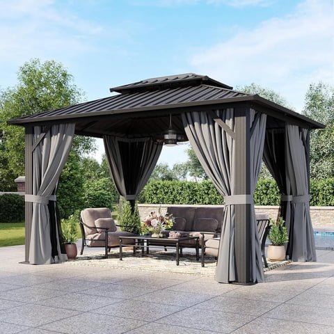 Aoxun 10'x12' Hardtop Gazebo, Outdoor Steel Double Roof Canopy, Aluminum Frame Permanent Pavilion with Curtains and Netting, Sunshade for Garden, Patio, Lawns, Black