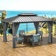 Aoxun 10'x12' Hardtop Gazebo, Outdoor Steel Double Roof Canopy, Aluminum Frame Permanent Pavilion with Curtains and Netting, Sunshade for Garden, Patio, Lawns, Black