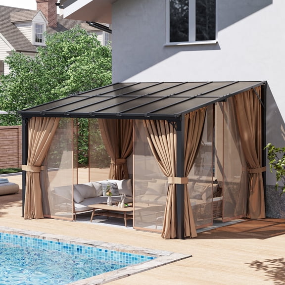 Aoxun 10'x12' Lean to Gazebo with Mosquito Net and Curtains, Aluminum Frame, Polycarbonate Panel, Wall Mounted Pergola with Sloped Roof for Backyard, Porch, Deck