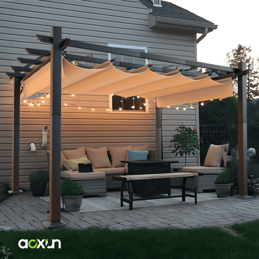 Aoxun 10'x12' Outdoor Retractable Pergola, with Sun-Proof Canopy, Patio Metal Pergolas Gazebos for Backyards, Gardens, Patios, Beige