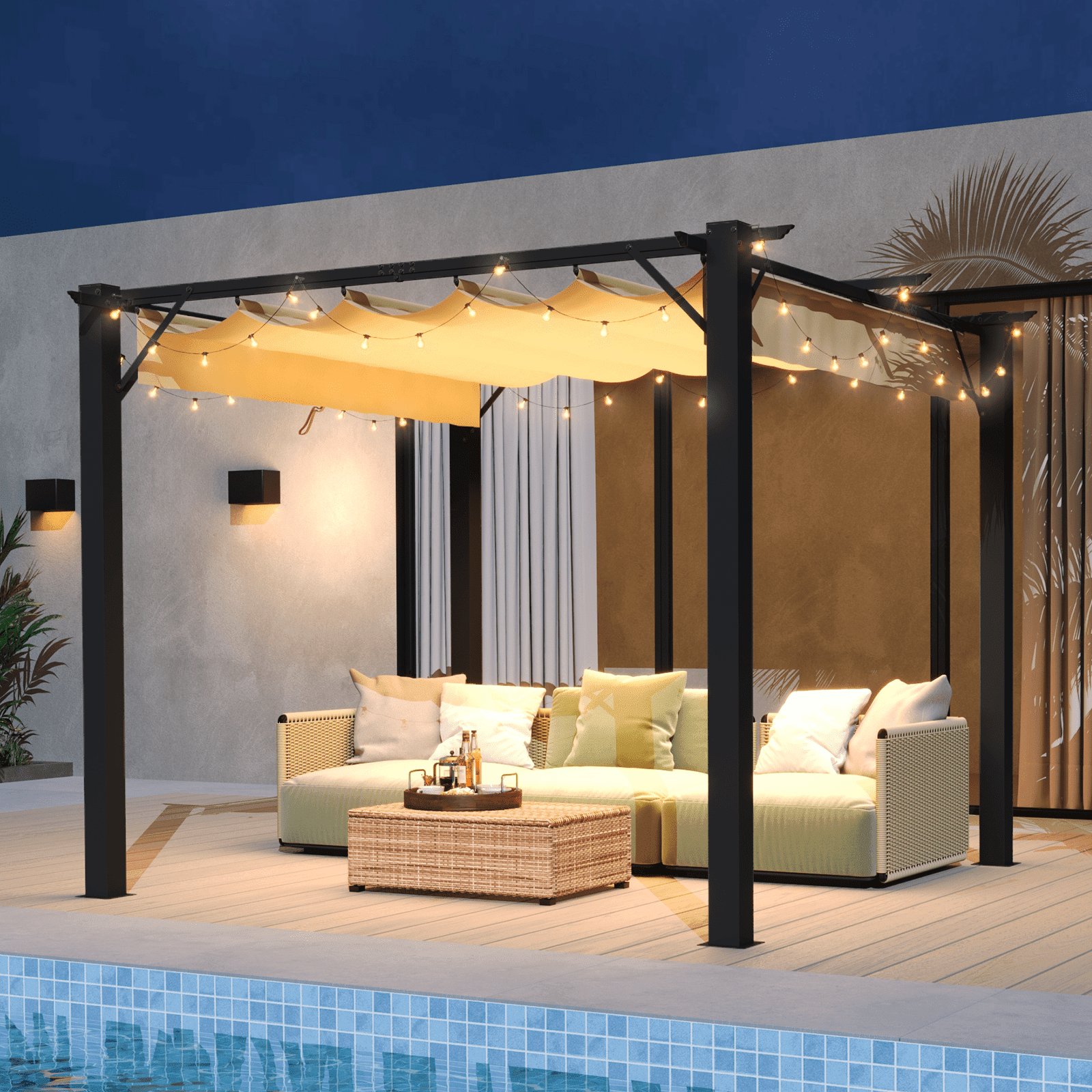 Dateyes 10'x12' Outdoor Retractable Pergola, with Sun-Proof Canopy, Patio Metal Pergolas Gazebos for Backyards, Gardens, Patios, Beige
