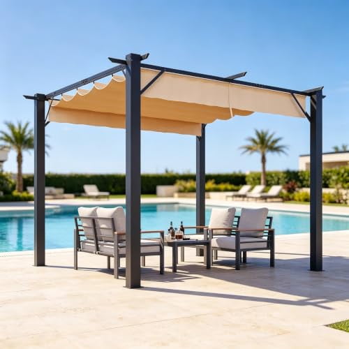 Aoxun 10'x12' Retractable Pergola with Sun Shade Canopy, Outdoor Heavy Duty Metal Frame Gazebo, Multi-Purpose Grape Trellis Shade Shelter for Backyard, Deck, Patio, Garden & Lawn, Brown