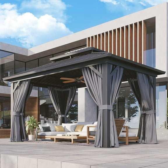 Aoxun 10'x14' Hardtop Gazebo, Aluminum Frame Canopy with Double Galvanized Steel Roof, Outdoor Metal Pavilion with Netting, Curtains for Backyard, Patio and Deck