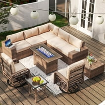 Aoxun 10pcs Patio Conversation Set with Fire Pit Table , Outdoor PE Rattan Sectional Sofa Sets with Swivel Chairs for Backyard,Beige