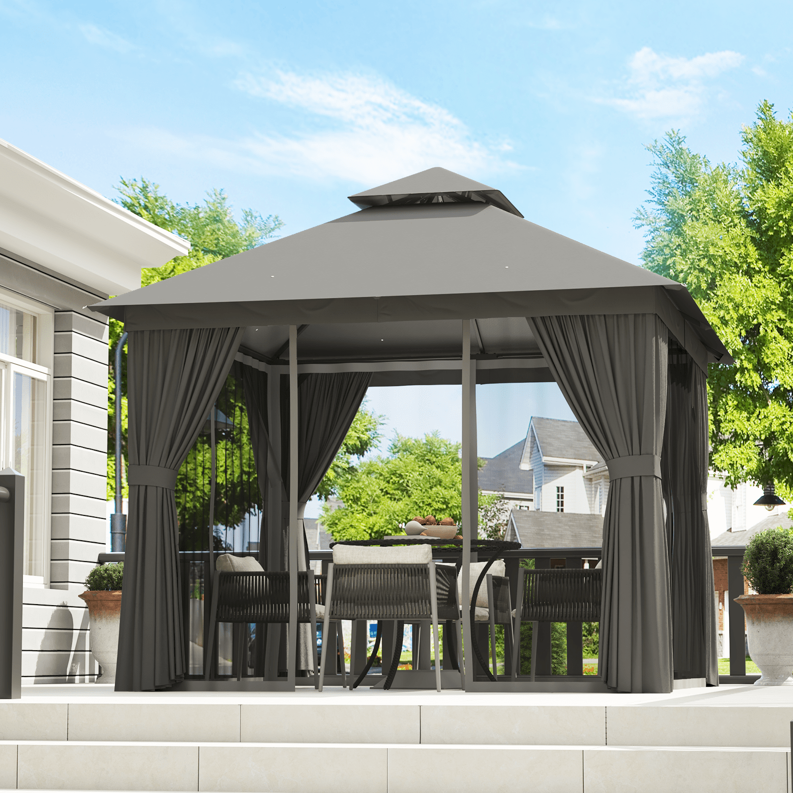 Aoxun 10x10 FT Outdoor Gazebo with Double Roof, Heavy-Duty Metal Frame Canopy featuring Mosquito Net & Privacy Screen for Patio, Garden, Deck and Backyard (Gray)
