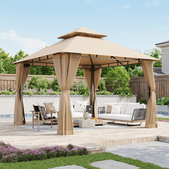 Aoxun 10x10 FT Outdoor Gazebo with Double Roof, Heavy-Duty Metal Frame Canopy featuring Privacy Screen for Patio, Garden, Deck and Backyard (Beige)
