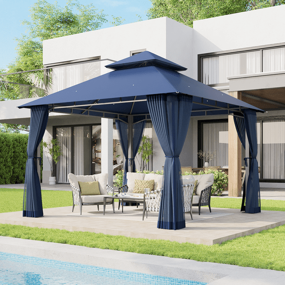 Dateyes 10x10 FT Outdoor Gazebo with Double Roof, Heavy-Duty Metal Frame Canopy for Patio, Garden, Deck and Backyard (Blue)