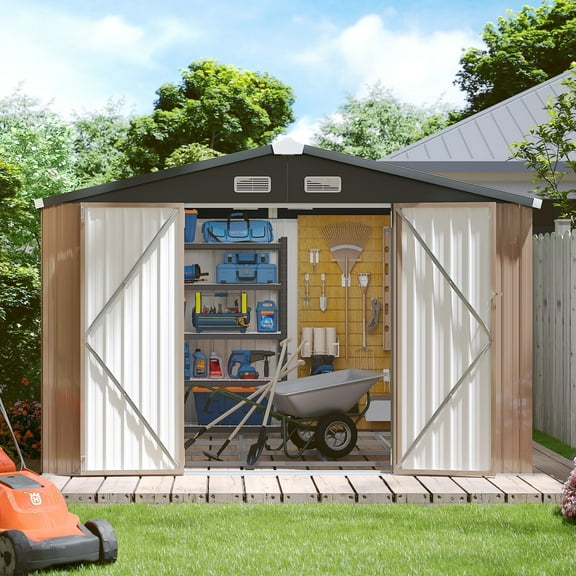 Aoxun 10x8 ft Outdoor Storage Shed, Steel Garden Shed, Brown(Base included)