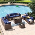 thumbnail image 1 of Aoxun 11 Piece Patio Furniture Set with 44” Fire Pit Table Wicker Rattan Outdoor Sectional Sofa Set with Coffee Table and 4” Thickened Cushions, Blue (Waterproof Cover Included), 1 of 8