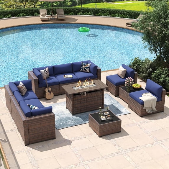 Aoxun 11 Piece Patio Furniture Set with 44” Fire Pit Table Wicker Rattan Outdoor Sectional Sofa Set with Coffee Table and 4” Thickened Cushions, Blue (Waterproof Cover Included)