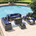 thumbnail image 1 of Aoxun 11 Piece Patio Furniture Set with 44” Fire Pit Table Wicker Rattan Outdoor Sectional Sofa Set with Coffee Table and 4” Thickened Cushions, Blue (Waterproof Cover Included), 1 of 8