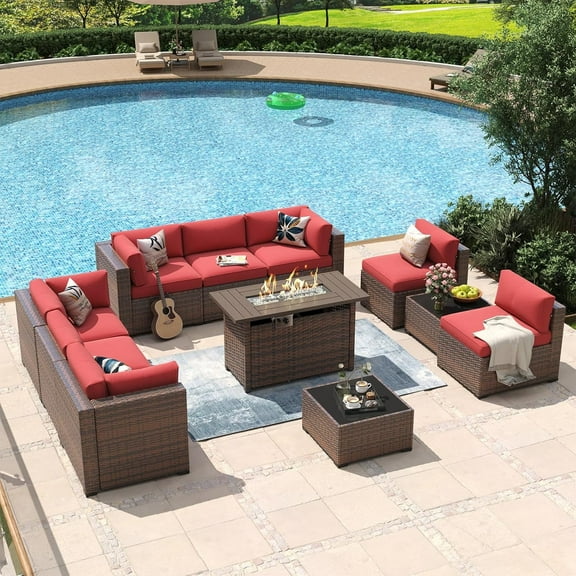Aoxun 11 Piece Patio Furniture Set with 44” Fire Pit Table Wicker Rattan Outdoor Sectional Sofa Set with Coffee Table and 4” Thickened Cushions, Red (Waterproof Cover Included)