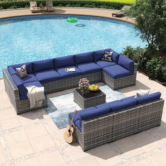 Aoxun 11 Piece Patio Furniture Set Wicker Rattan Patio Conversation Set Outdoor Sectional Sofa Set with Coffee Table and 4” Thickened Cushions, Blue(Waterproof Cover Included)