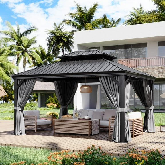 Aoxun 12' X 14' Hardtop Gazebo with Drainage System, Aluminum Outdoor Gazebo with Galvanized Steel Double Roof, Patio Permanent Metal Gazebo Pavilion with Netting, for Garden, Deck, Backyard, Grey