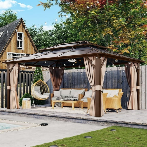 Aoxun 12 ft. x 16 ft. Hardtop Gazebo, Aluminum Frame Permanent Pavilion with Curtains and Netting, Outdoor Polycarbonate Double Roof Canopy, for Garden, Lawns, Patio