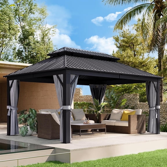 Aoxun 12 ft. x 16 ft. Outdoor Hardtop Gazebo, Galvanized Double Roof Aluminum Pavilion with Netting and Curtains for Garden, Patio, Lawns, Gray