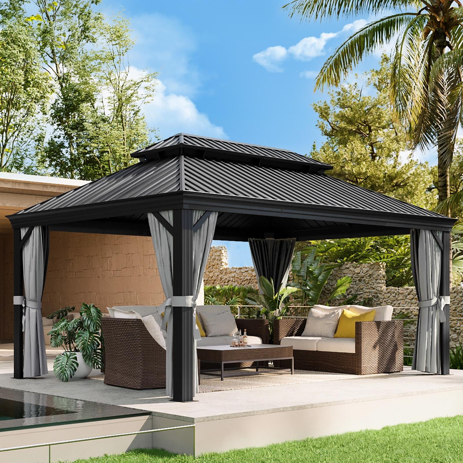 Aoxun Hardtop Patio Gazebo 12ft x 16ft, Outdoor Metal Double Roof with ...