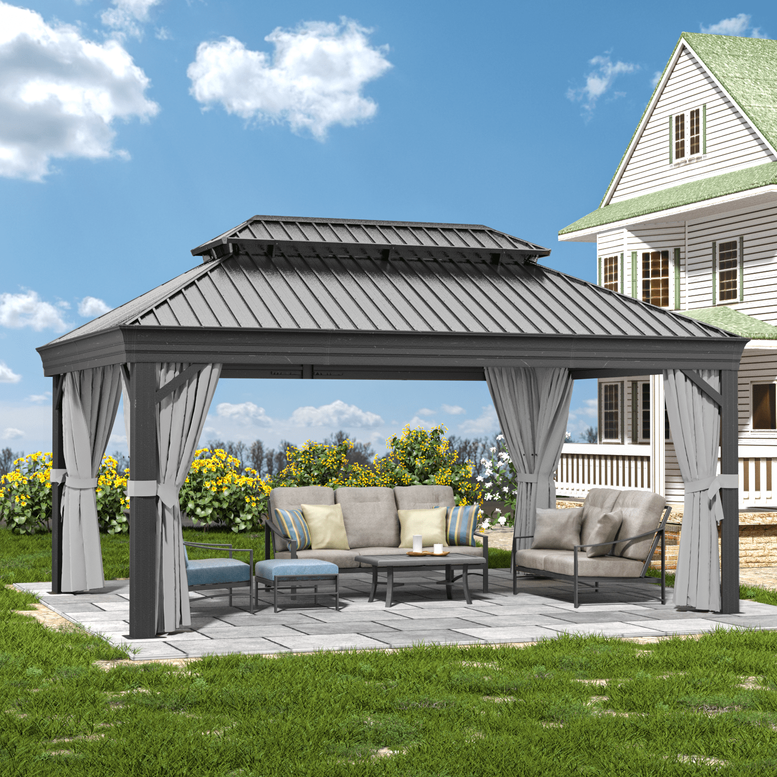 Aoxun 12 Ft. X 20 Ft. Outdoor Hardtop Gazebo, Galvanized Steel Double Roof Gazebo With Curtain And Netting
