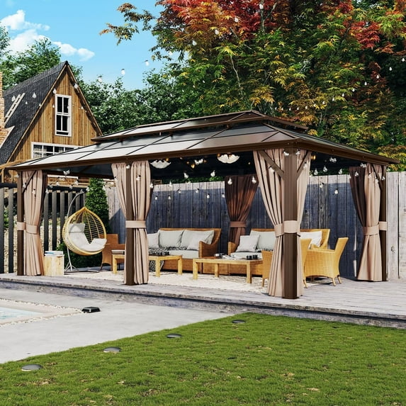 Aoxun 12 ft. x 20 ft. Hardtop Gazebo, Aluminum Frame Permanent Pavilion with Curtains and Netting, Outdoor Polycarbonate Double Roof Canopy, Designed for Garden, Lawns, Patio