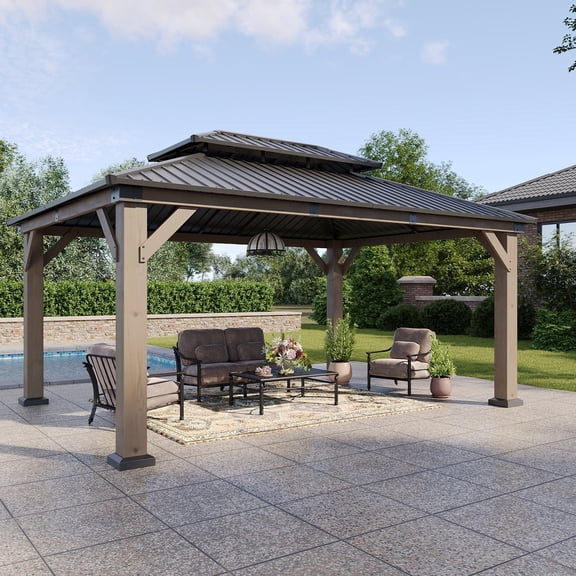 Aoxun 12' x 16' Outdoor Wood Gazebo, Hardtop Gazebo Permanent Wooden Pavilion with Galvanized Steel Double Roof, for Patio, Garden, Backyard, Cedar Wood