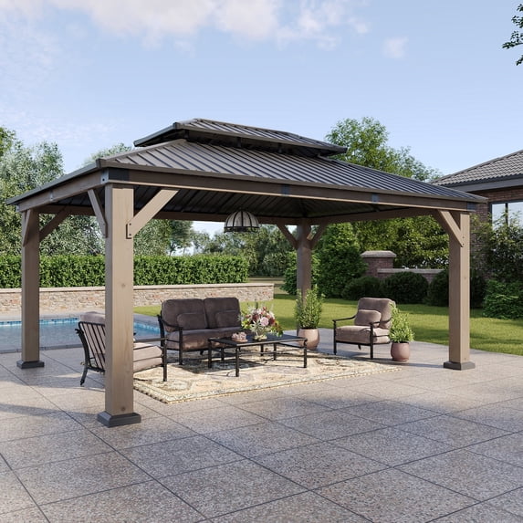 Aoxun 12' x 16' Outdoor Wood Gazebo, Hardtop Gazebo Permanent Wooden Pavilion with Galvanized Steel Double Roof, for Patio, Garden, Backyard, Cedar Wood