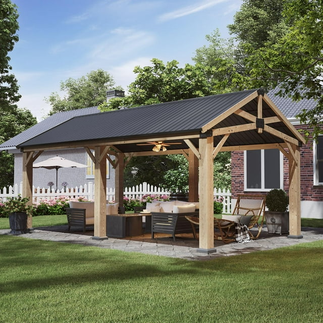 Aoxun 12' x 20' Outdoor Wood Gazebo, Hardtop Gazebo Permanent Wooden Pavilion with Galvanized Steel Gable Roof, for Patio, Garden, Deck, Cedar Wood