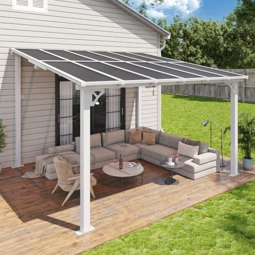 Aoxun 12'x10' Premium Gazebo with Aluminum Top Frame & Polycarbonate Panel, Wall Mounted Gazebos Pergola, Outdoor Patio Lean to Gazebo, Awnings with Sloped Roof, for Backyard, Porch, Deck, White
