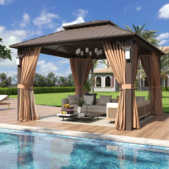 Aoxun 12'x12' Hardtop Gazebo with 4 LED Lights, Outdoor Gazebo with Galvanized Steel Double Roof, Patio Gazebo with Breathable Netting & Privacy Curtain, Decor Hooks for Backyard, Brown