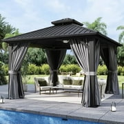 Aoxun 10'x12' Hardtop Gazebo, Outdoor Steel Double Roof Canopy, Aluminum Frame Permanent Pavilion with Curtains and Netting, Sunshade for Garden, Patio, Lawns, Black