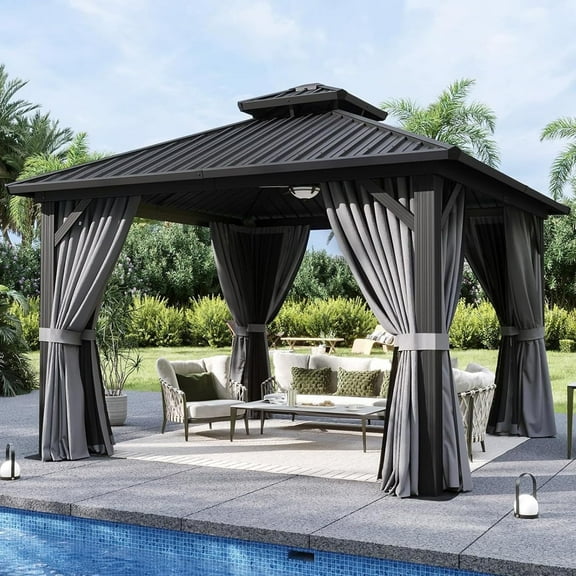 Aoxun 12'x12' Hardtop Gazebo, Aluminum Frame Canopy with Double Galvanized Steel Roof, Outdoor Metal Pavilion with Netting, Curtains for Backyard, Patio and Deck