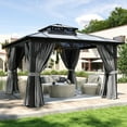 thumbnail image 1 of Aoxun 12'x12' Hardtop Gazebo, Aluminum Frame Permanent Pavilion with Curtains and Netting, Outdoor Polycarbonate Double Roof Canopy, Designed for Garden, Lawns, Patio, Gray, 1 of 7