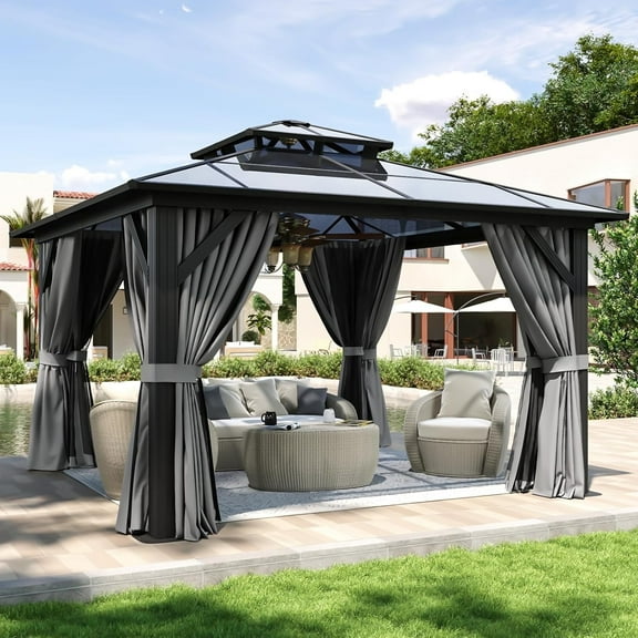 Aoxun 12'x12' Hardtop Gazebo, Aluminum Frame Permanent Pavilion with Curtains and Netting, Outdoor Polycarbonate Double Roof Canopy, Designed for Garden, Lawns, Patio, Gray