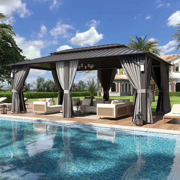 Aoxun 12'x20' Hardtop Gazebo with 4 LED Lights, Outdoor Gazebo with Galvanized Steel Double Roof, Patio Gazebo with Breathable Netting & Privacy Curtain, Decor Hooks for Backyard, Gray