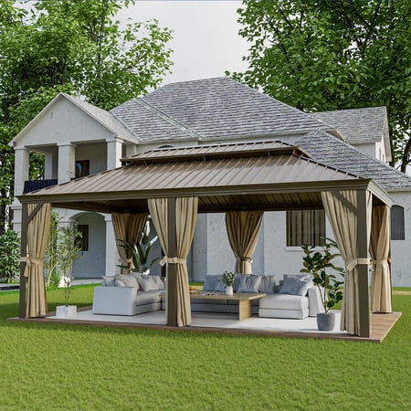 Aoxun 12'x20' Hardtop Gazebo, Outdoor Steel Double Roof Canopy, Aluminum Frame Permanent Pavilion with Curtains and Netting, Sunshade for Garden, Patio, Lawns