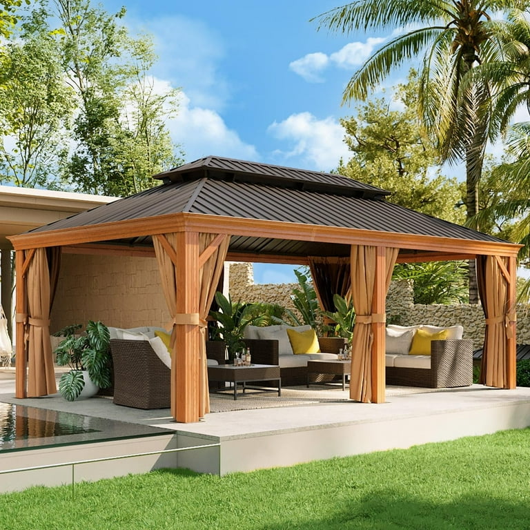 Aoxun 12x20FT Hardtop Wood-Look Steel Gazebo with Curtain