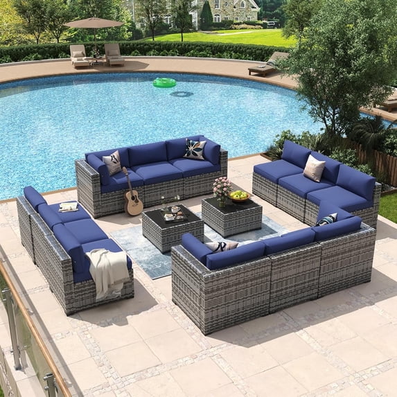 Aoxun 14 Piece Patio Furniture Set Wicker Rattan Patio Conversation Set Outdoor Sectional Sofa Set with Coffee Table and 4” Thickened Cushions, Blue(Waterproof Cover Included)