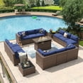 thumbnail image 1 of Aoxun 15 Piece Patio Furniture Set with 44” Fire Pit Table Wicker Rattan Outdoor Sectional Sofa Set with Coffee Table and 4” Thickened Cushions, Blue (Waterproof Cover Included), 1 of 8