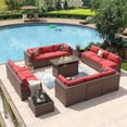 thumbnail image 1 of Aoxun 15 Piece Patio Furniture Set with 44” Fire Pit Table Wicker Rattan Outdoor Sectional Sofa Set with Coffee Table and 4” Thickened Cushions, Red (Waterproof Cover Included), 1 of 8
