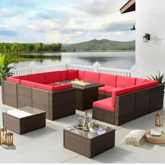 Aoxun 15-Piece Patio Furniture Set with Propane Fire Pit Table Wicker Outdoor Conversation Set, Red