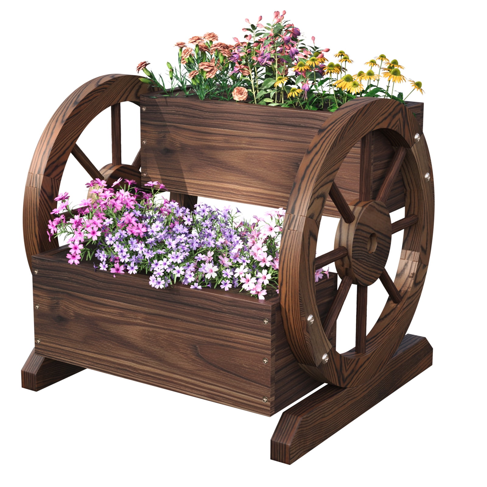 Bapipro 18 Inch 2-Tier Wooden Wagon Planter Box with Wheels, Outdoor ...