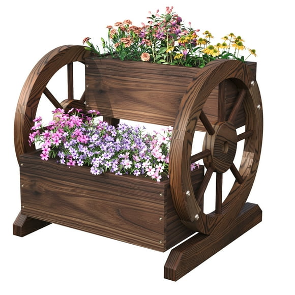 Bapipro 18 Inch 2-Tier Wooden Wagon Planter Box with Wheels, Outdoor Flower Pot for Garden/Patio, Brown