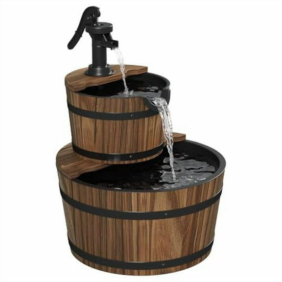 Aoxun 2-Tier Outdoor Water Fountain, Wood Barrel Cascading with Electric Decorative Hand Pump, Rustic Waterfall Fountain for Garden, Backyard, Patio, Porch, Yard