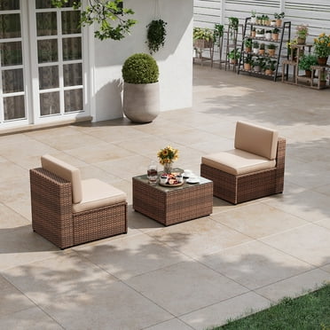 Aoxun 3 Pcs Patio Furniture Sets with Coffee Table,Patio Conversation Sets,Brown