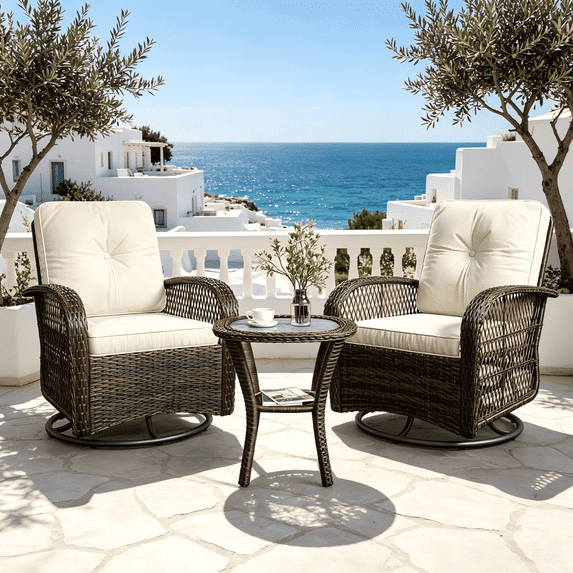 Dateyes 3 Pieces Patio Furniture Set, Patio Swivel Rocker Chairs Set of 2, Wicker Outdoor Bistro Set with Rocking Chair, Thickened Cushions and Table for Porch (Beige)