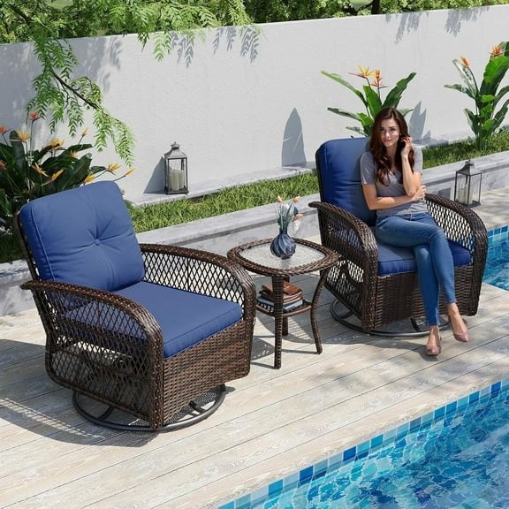 Aoxun 3 Pieces Patio Furniture Set, Patio Swivel Rocker Chairs Set of 2, Wicker Outdoor Bistro Set with Rocking Chair, Thickened Cushions and Table for Porch (Blue)