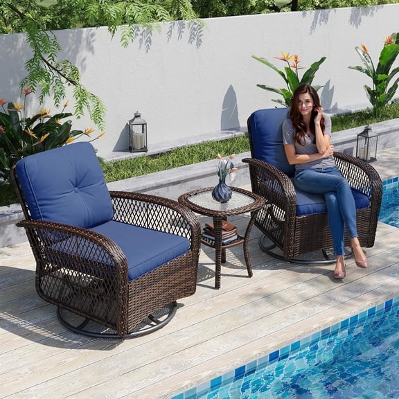Aoxun 3 Pieces Patio Furniture Set, Patio Swivel Rocker Chairs Set of 2, Wicker Outdoor Bistro Set with Rocking Chair, Thickened Cushions and Table for Porch (Navy Blue)