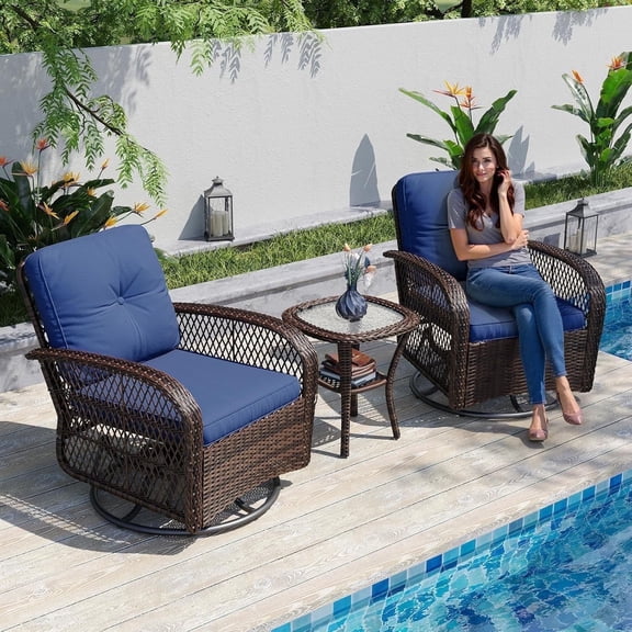 Dateyes 3 Pieces Patio Furniture Set, Patio Swivel Rocker Chairs Set of 2, Wicker Outdoor Bistro Set with Rocking Chair, Thickened Cushions and Table for Porch (Navy Blue)