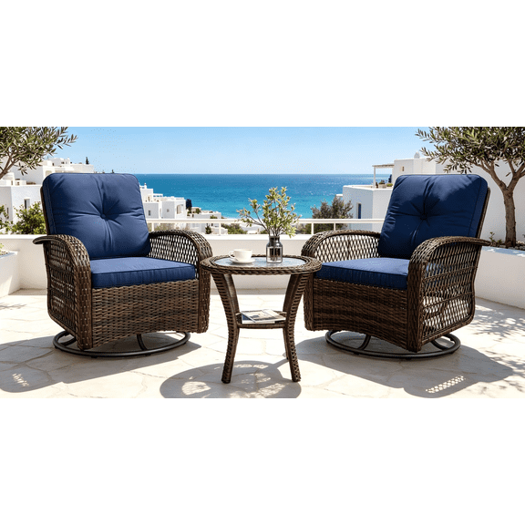 Dateyes 3 Pieces Patio Furniture Set, Patio Swivel Rocker Chairs Set of 2, Wicker Outdoor Bistro Set with Rocking Chair, Thickened Cushions and Table for Porch (Navy Blue)